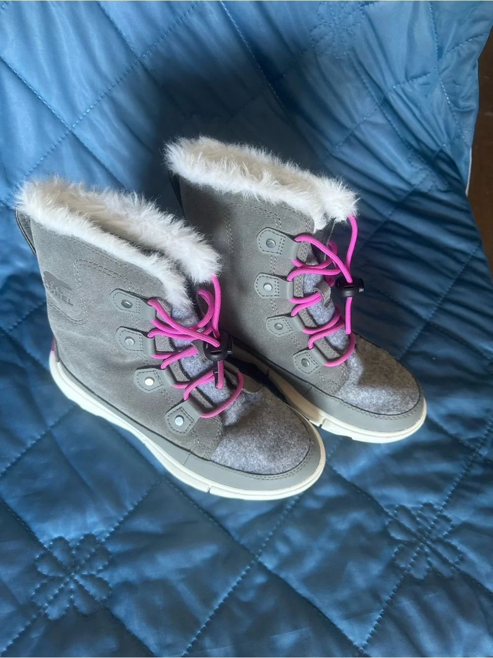 Sorel Grey Kids Winter Boots with Pink Laces